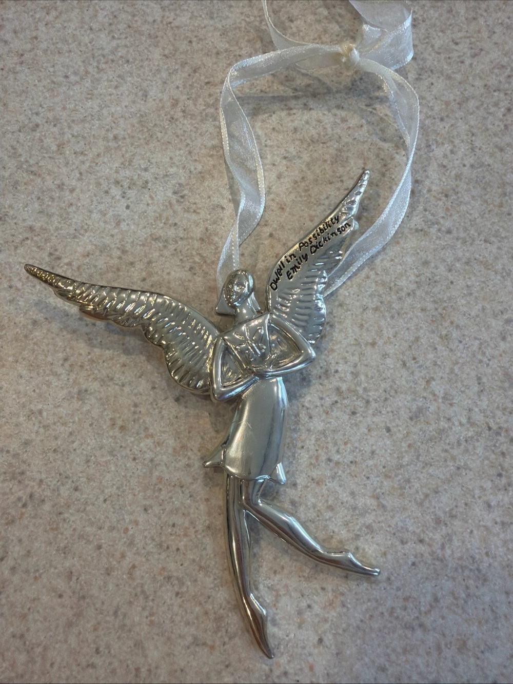Serenity Silver Angel Hanging Ornament with statement by Emily Dickinson-